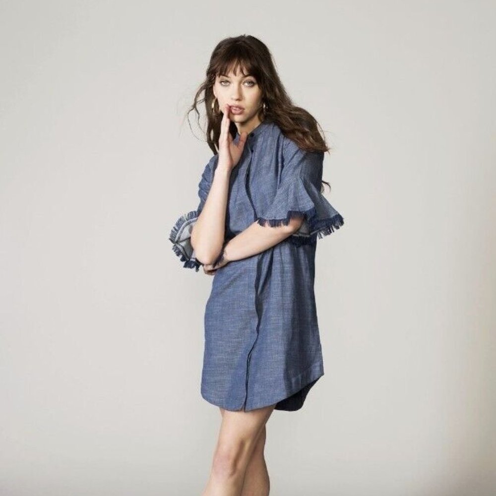 Vetiver Chambray Shirt Dress Denim Blue Frayed Short Button Up Cotton 2 XS